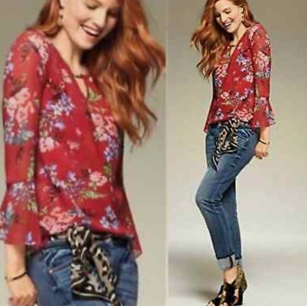 CAbi Devoted Blouse Red Floral Bell Sleeves
